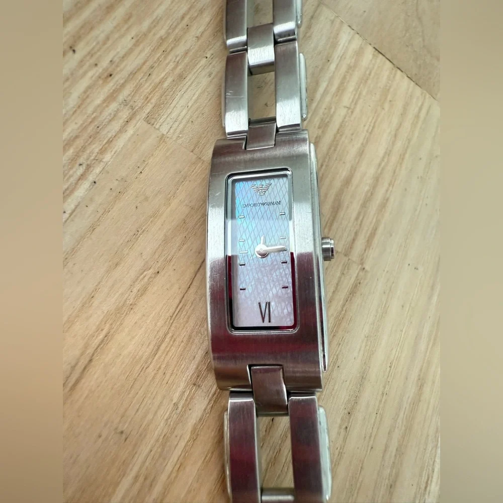 Emporio Armani ladies rectangular stainless steel dress watch NEW BATTERY